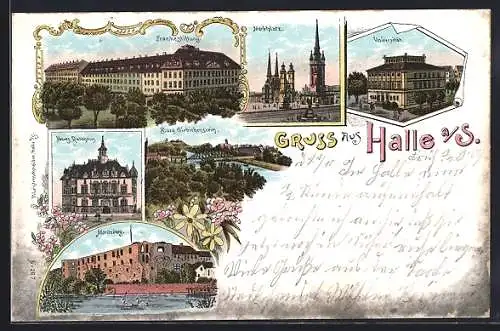 Lithographie Halle a. S., Moritzburg, Frankestiftung, Marktplatz