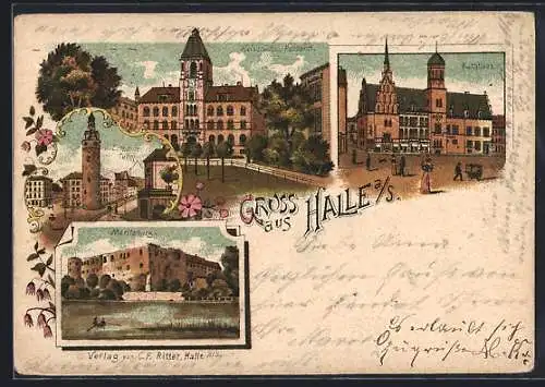 Lithographie Halle a.S., das kaiserliche Postamt, das Rathaus und die Moritzburg