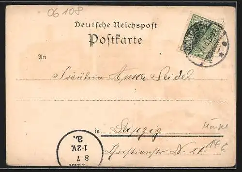 Lithographie Halle a.S., das kaiserliche Postamt, das Rathaus und die Moritzburg