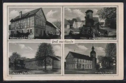 AK Kösnitz, Gasthaus zu Kösnitz, Kirche und Schule, Kriegerdenkmal