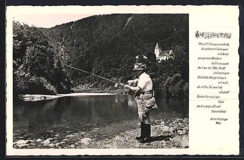 AK St. Georgen am Reith, Uferpartie mit Angler, Im Hintergrund Kirche