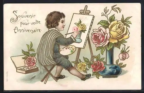 AK Maler malt ein Bild mit Rosen, Geburtstagsgruss