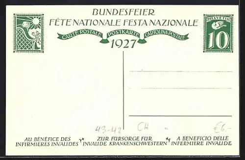 Künstler-AK Schweizer Bundesfeier 1927, Krankenschwester am Krankenbett