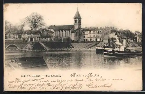 AK Saint-Denis, Vue générale avec église et bateau à vapeur sur la rivière