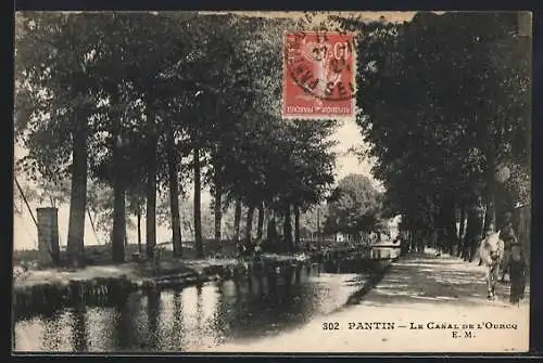 AK Pantin, Le Canal de l`Ourcq bordé d`arbres et chemin piétonnier