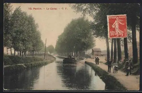 AK Pantin, Le Canal avec péniche et promeneurs