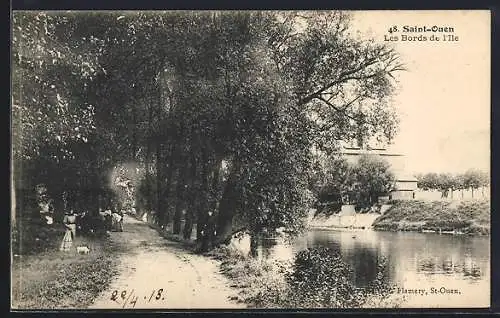 AK Saint-Ouen, Les Bords de l`Île avec promenade ombragée et rivière paisible