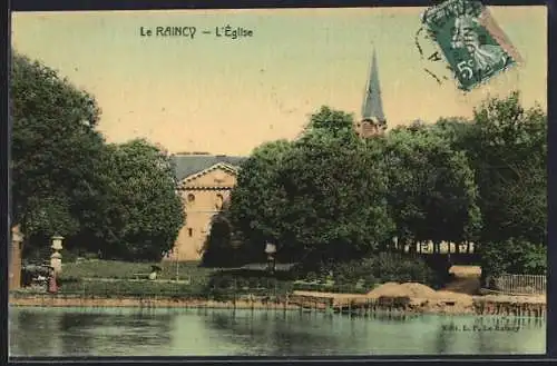 AK Le Raincy, L`Église vue depuis le parc avec le plan d`eau