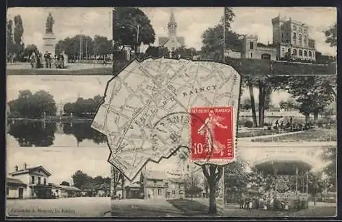 AK Le Raincy, Collage de vues du parc, église et bâtiments historiques avec carte et timbre