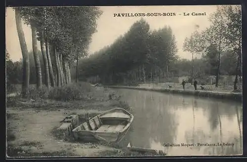 AK Pavillons-sous-Bois, Le Canal avec barque et promenade boisée