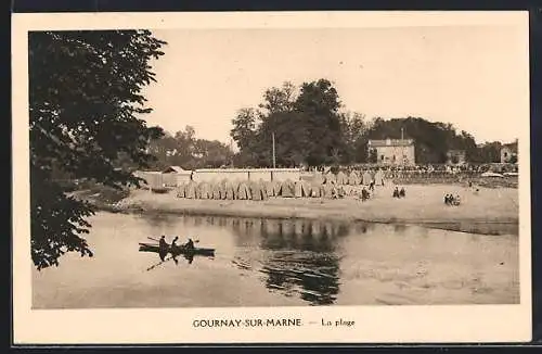 AK Gournay-sur-Marne, La plage et canoë sur la rivière