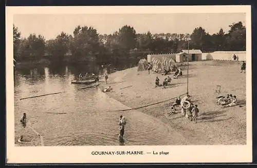 AK Gournay-sur-Marne, La plage avec baigneurs et barque sur la rivière