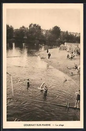 AK Gournay-sur-Marne, La plage animée avec baigneurs et tentes en bord de rivière