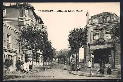 AK Le Raincy, Allée de La Fontaine et la boucherie au coin de la rue