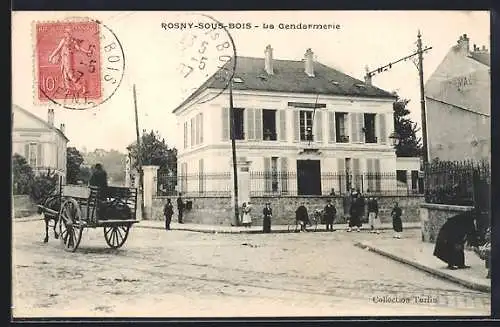 AK Rosny-sous-Bois, La Gendarmerie et scène de rue animée avec charrette