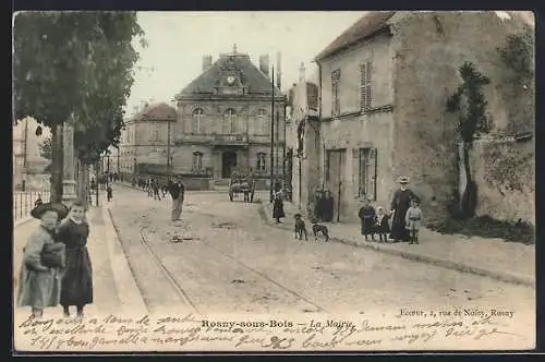 AK Rosny-sous-Bois, La Mairie et rue animée avec habitants et chiens