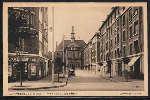 AK La Courneuve, Avenue de la République avec bâtiments et voiture ancienne