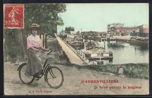 AK Aubervilliers, Femme à vélo près du canal avec bateaux