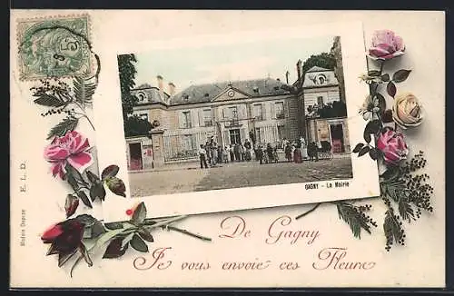 AK Gagny, La Mairie ornée de fleurs et groupe de personnes devant le bâtiment