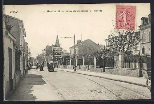 AK Montreuil, la rue de Vincennes (la Tourelle) avec calèche et passants