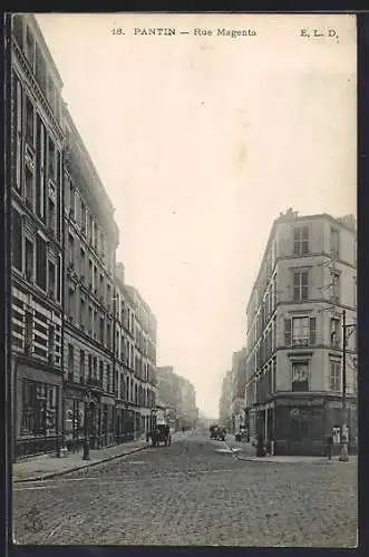 AK Pantin, Rue Magenta avec bâtiments historiques et charrette