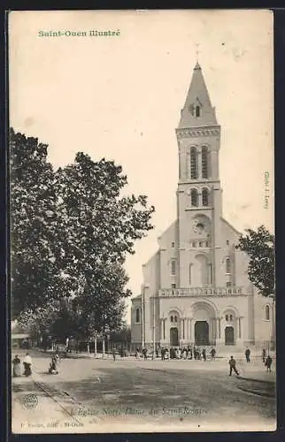 AK Saint-Ouen, L`Église Notre-Dame du Rosaire et la place animée devant l`église