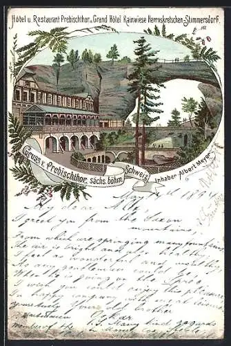 Vorläufer-Lithographie Hernnskretschen-Stimmersdorf, 1894, Hotel u. Restaurant Prebischthor und Grand Hotel Rainwiese