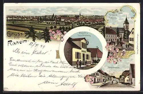 Lithographie Rixheim, Gasthaus von Eugen Riedweg, Kirchgasse und Hauptstrasse