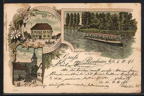 Lithographie Rixheim, Gasthaus zum Schwanen, Kirche und Napoleonsinsel mit Motorboot