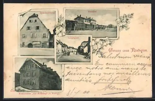 AK Rixheim, Bahnhof, Gasthaus zur Hoffnung, Bes. A. Hueber, Langegasse