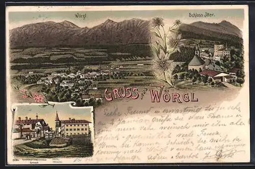 Lithographie Wörgl, Schloss Itter, Strassenpartie mit Bilderstock an der Kirche, Fernsicht des Ortes, Edelweiss