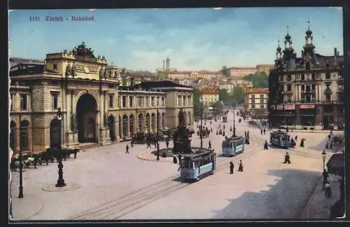 AK Zürich, Bahnhof mit Strassenbahnen