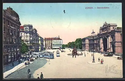 AK Zürich, Bahnhofplatz mit Strassenbahn