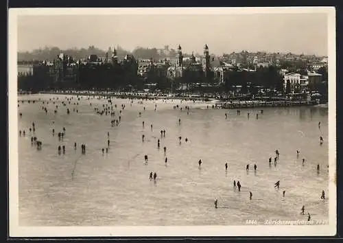 AK Zürich, zugefrorener Zürichsee mit Spaziergängern 1929 aus der Vogelschau