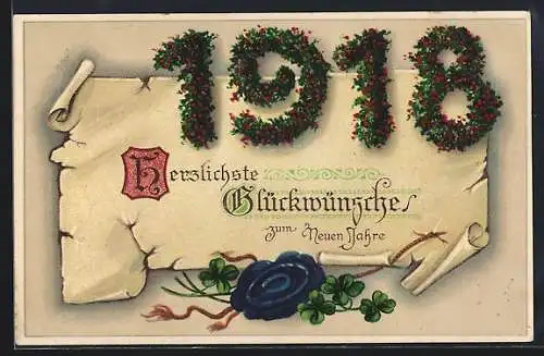 AK Neujahrsgruss mit Jahreszahl 1918 und Schriftrolle