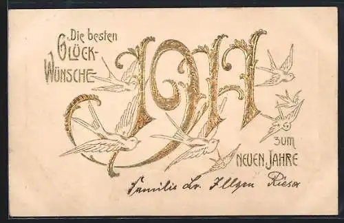 Präge-AK Goldene Jahreszahl 1911 gerahmt von Schwalben