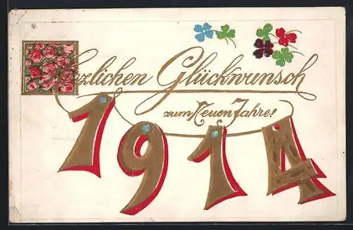 AK Girlande mit der Jahreszahl 1914, Neujahrsgruss und Rosen