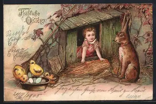 Präge-AK Osterhase, Osterküken und Kind an einem Hühnerstall, Fröhliche Ostern