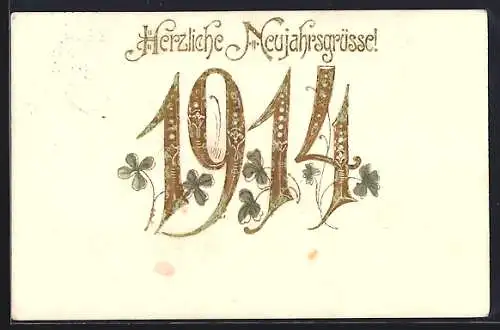 Präge-AK Jahreszahl 1914 mit Kleeblättern, Neujahrsgruss