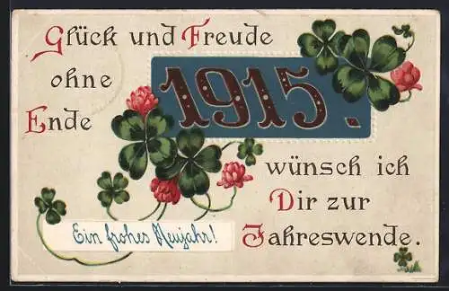 Präge-AK Jahreszahl 1914 auf blauem Schild gerahmt von Kleeblättern