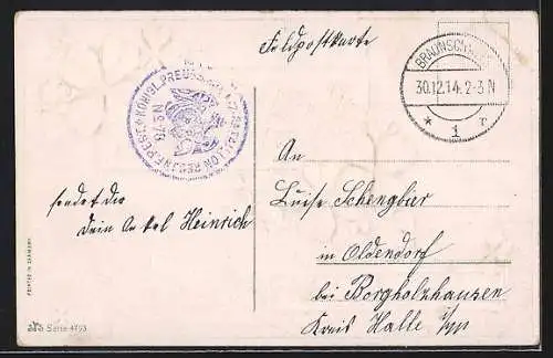 Präge-AK Jahreszahl 1914 auf blauem Schild gerahmt von Kleeblättern