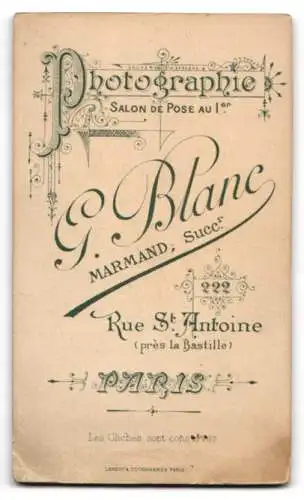 Fotografie G. Blanc, Paris, Rue St. Antoine 222, Porträt eines Mannes mit Schnurrbart