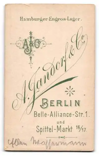Fotografie A. Jandorf & Co., Berlin, Belle-Alliance-Str. 1, Porträt einer Dame im eleganten Kleid