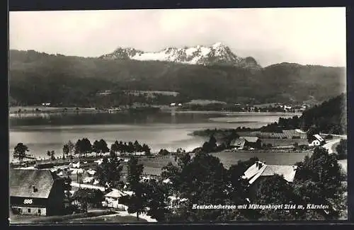 AK Keutschach /Kärnten, Ortsansicht mit Keutschachersee und Mittagskogel