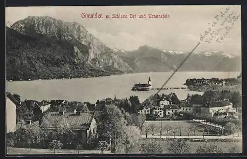 AK Gmunden, Ansicht mit Schloss Ort und Traunstein