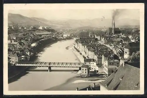 AK Steyr a. d. Enns, Ortspanorama mit Brücke