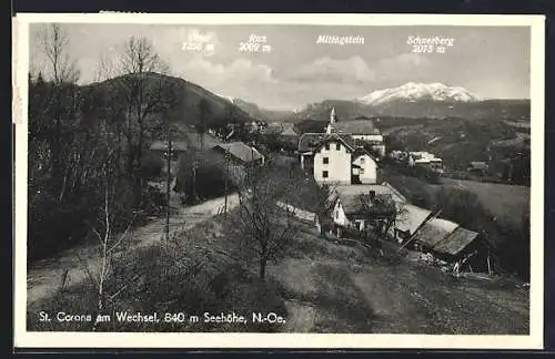 AK St. Corona am Wechsel, Strassenpartie mit Kirche, Bergpanorama mit Rax, Otter und Schneeberg