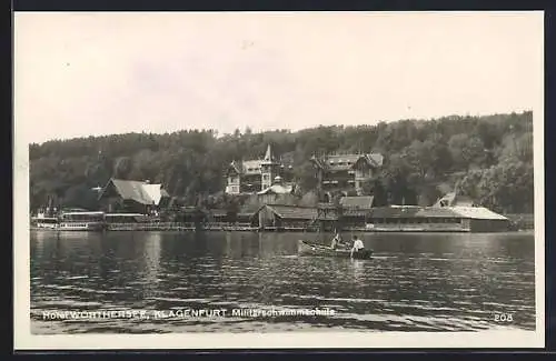 AK Klagenfurt, Hotel Wörthersee und Militärschwimmschule, vom Wasser gesehen