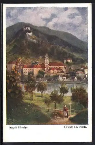 Künstler-AK Dürnstein /Wachau, Ernte vor den Toren des Schlosses