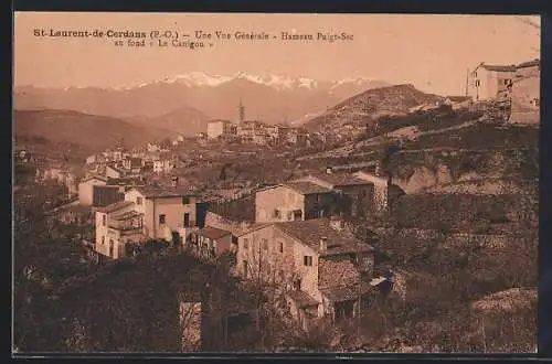 AK Saint-Laurent-de-Cerdans, Vue générale du Hameau Puig-Sec avec le Canigou en arrière-plan